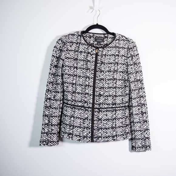 St. John Cotton Blend Woven Textured Knit Full Zip Jacket Blazer Black White 2 - Picture 1 of 4